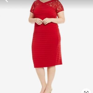 London Times Red lace top tiered midi cocktail dress.